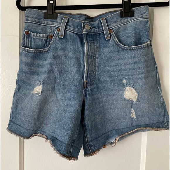 Levi's 501 High Waisted Denim Shorts Size 26 Button Fly 100% Cotton Distressed - Picture 2 of 10